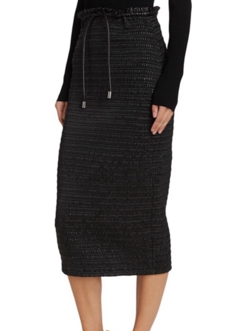 NWOT A.L.C. Vegan Leather Black Smocked Midi Skirt with Drawstring